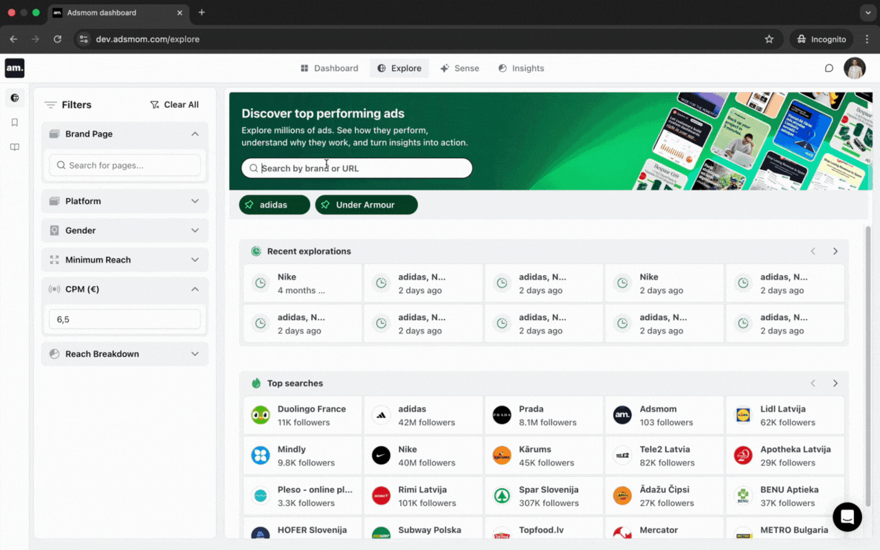 Adsmom platform filtered view showing competitor ads and performance data
